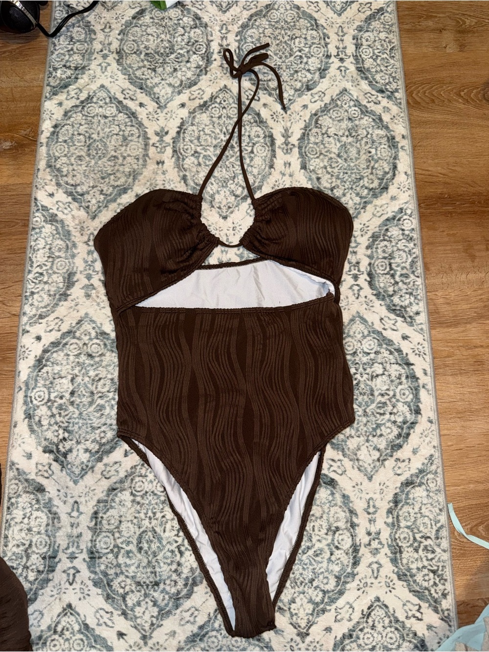 Brown Textured One-Piece Cutout Swimsuit